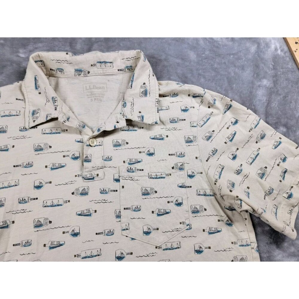 L.L. Bean Small Polo Shirt Short Sleeve Ship in a Bottle Print‎ Slightly fitted